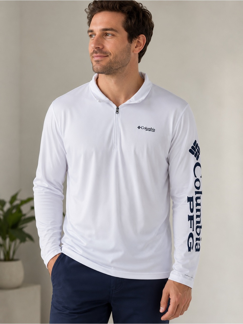 Columbia White Long-Sleeve Half-Zip Performance Top with Logo PFG Sleeve NWT